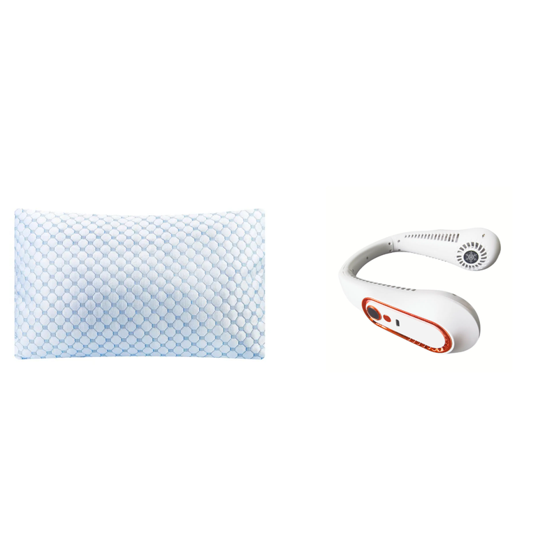 The cooling pillow and the white USB rechargeable neck fan side by side on a white background.