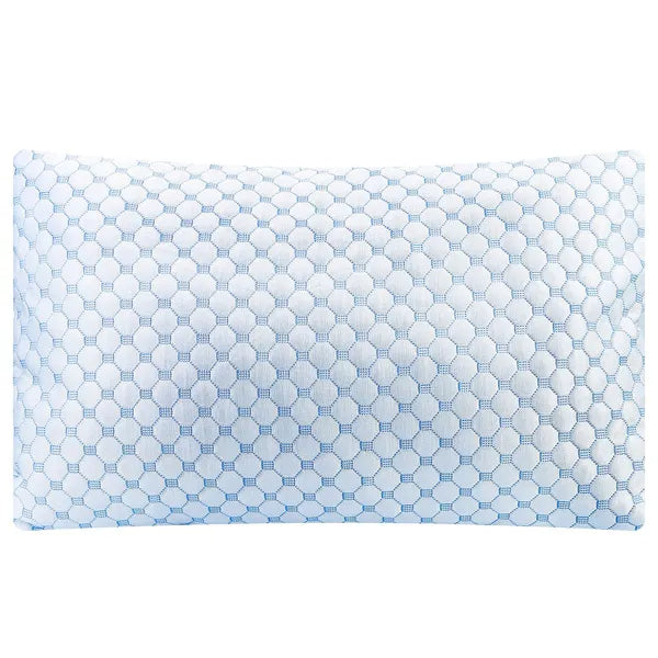 The Willow & Frost cooling pillow, with its white and light blue quilted cover, on a white background.