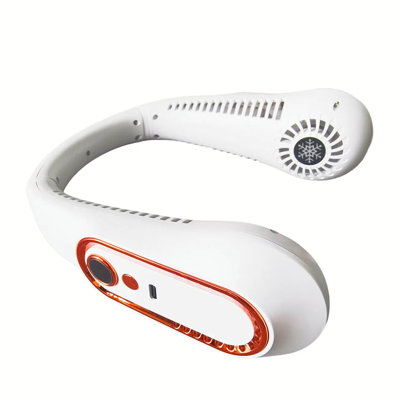 The white USB rechargeable neck fan with its control panel and charging port, on a white background.